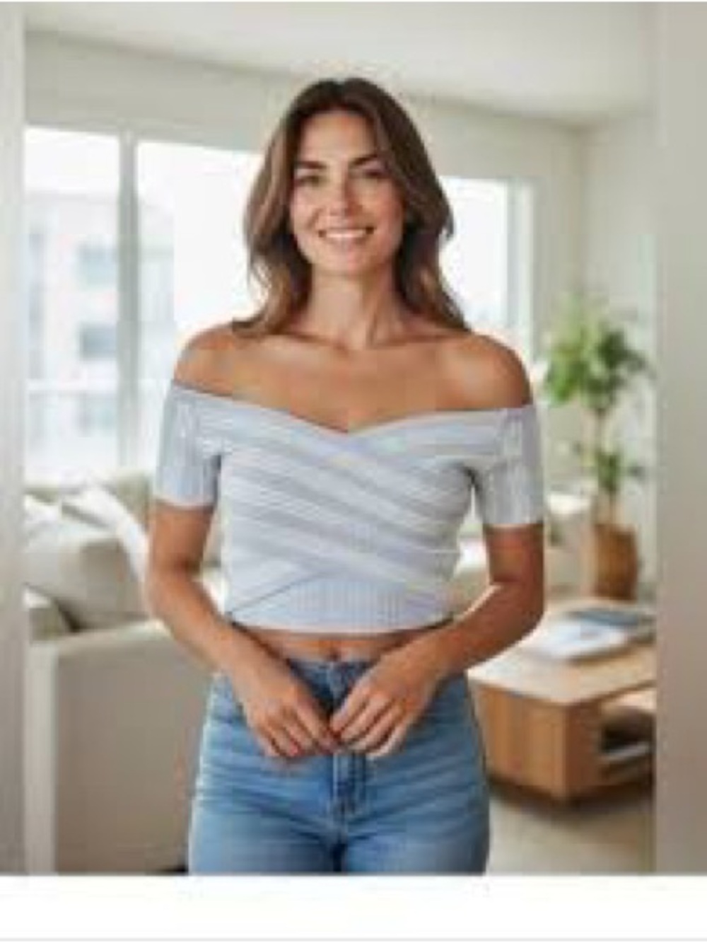 aerie Light Blue & White Ribbed Off-Shoulder Reversible Crop Top